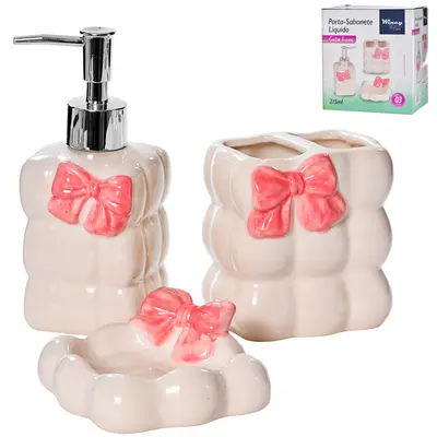 JOGO PARA BANHEIRO DE PORCELANA CUTIE LACE LACO COM 3 PECAS