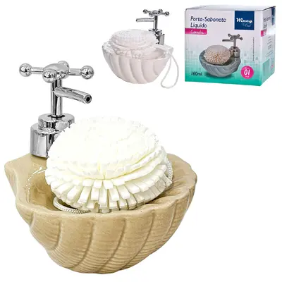 PORTA SABONETE LIQUIDO DE PORCELANA CONCHA 160ML + ESPONJA