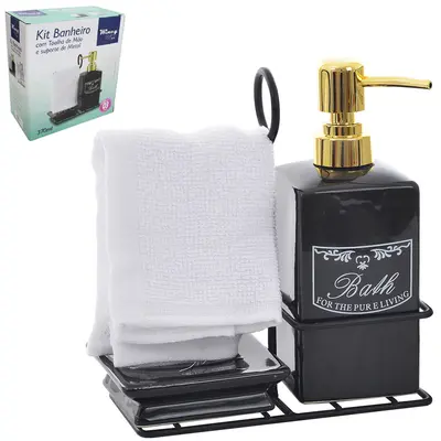 JOGO PARA BANHEIRO DE PORCELANA COM SUPORTE ARAMADO 19X17X8CM + TOALHA DE MAO DE POLIESTER 22X22CM