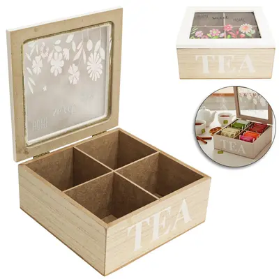 CAIXA ORGANIZADOR DE MADEIRA MDF QUADRADA PARA CHA TEA COM 4 DIVISORIAS + TAMPA DE VIDRO 16,5X7CM
