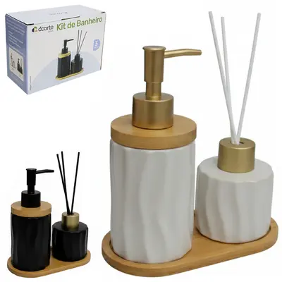 JOGO PARA BANHEIRO DE PORCELANA PRETO / BRANCO COM SUPORTE DE BAMBU 3 PECAS