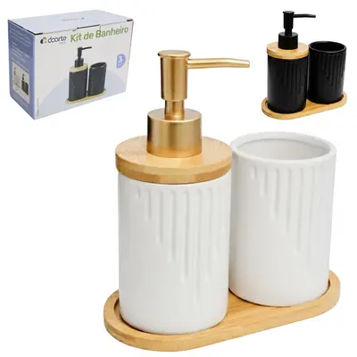 JOGO PARA BANHEIRO DE PORCELANA PRETO / BRANCO COM SUPORTE DE BAMBU 3 PECAS