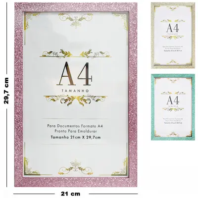 QUADRO PARA DIPLOMAS / CERTIFICADOS A4 DE MADEIRA GLITTER 29,7X21CM