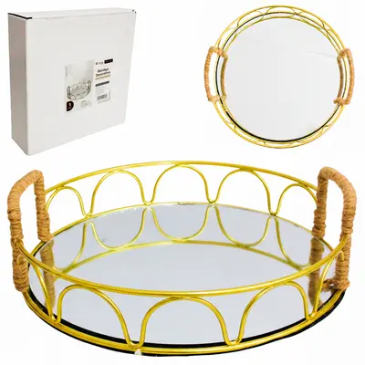 BANDEJA ARAMADO COM ESPELHO REDONDO + ALCA DE CORDA DECORATIVA METALIZADO DOURADO DECOR 6,5X24,5CM DE Ø