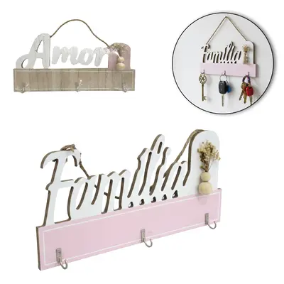 PORTA CHAVE DE MADEIRA MDF RETANGULAR FAMILIA / AMOR COM 3 GANCHOS DE METAL 29,5X14CM