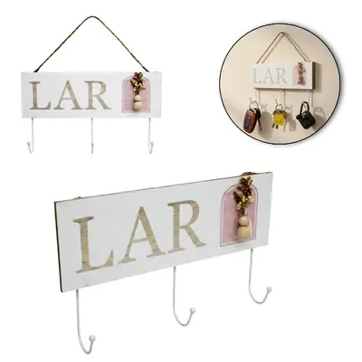 PORTA CHAVE / PANO DE MADEIRA MDF RETANGULAR LAR COM 3 GANCHOS DE METAL 30,5X17,5X4,5CM
