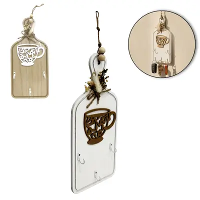 PORTA CHAVE DE MADEIRA MDF TABUA COM 3 GANCHOS DE METAL + LACO 29,5X14X2,5CM