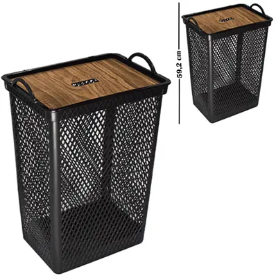 CESTO TELADO DE PLASTICO RETANGULAR PARA ROUPA COM ALCA + TAMPA TIPO MADEIRA 49L 59,2X39,5X30CM