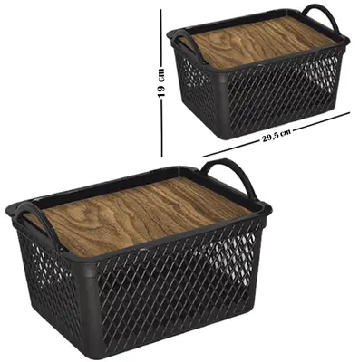 CESTO ORGANIZADOR DE PLASTICO RETANGULAR TELADO COM ALCA + TAMPA LABEL TIPO MADEIRA 8L 29,5X24X19CM