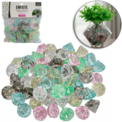 ENFEITE DECORATIVO DIAMANTE DE ACRILICO COLORIDO 1,5CM 80G