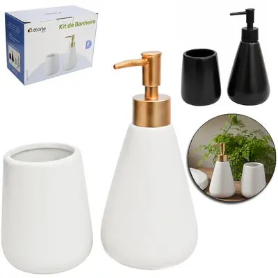 JOGO PARA BANHEIRO DE PORCELANA REDONDO PRETO / BRANCO COM 2 PECAS