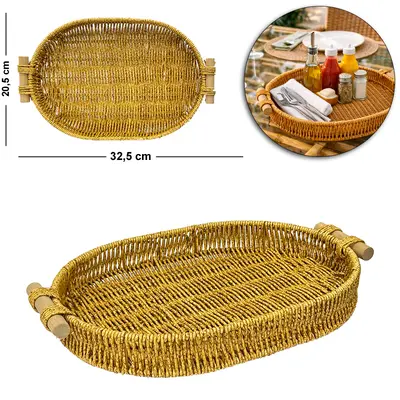 BANDEJA DE PLASTICO TIPO VIME OVAL COM ALCA DE MADEIRA MOMENT 32,5X20,5X4,5CM