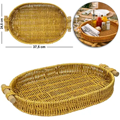 BANDEJA DE PLASTICO TIPO VIME OVAL COM ALCA DE MADEIRA MOMENT 37,5X24,5X4,5CM