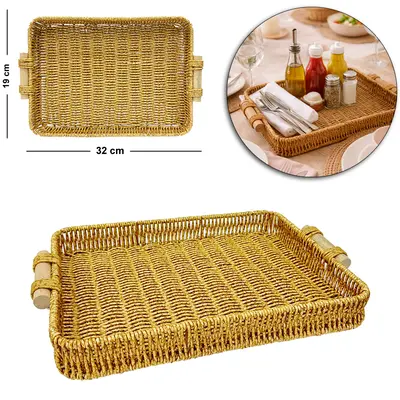 BANDEJA DE PLASTICO TIPO VIME RETANGULAR COM ALCA DE MADEIRA MOMENT 32X19X4,5CM