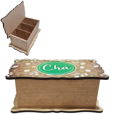 PORTA CHA DE MADEIRA MDF COM 3 DIVISORIAS + TAMPA GOLD 25X14X10,5CM