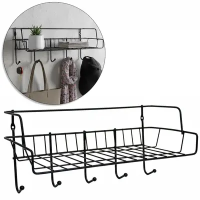 SUPORTE PRATELEIRA ORGANIZADOR ARAMADO RETANGULAR COM 5 GANCHOS BLACK 29X13X13CM