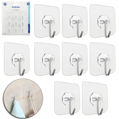 CABIDE GANCHO DE METAL QUADRADO AUTOADESIVO TRANSPARENTE COM 9 PECAS 5,6CM