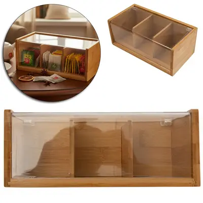 CAIXA ORGANIZADOR DE BAMBU RETANGULAR PARA CHA COM 3 DIVISORIAS + TAMPA DE ACRILICO FACILE 21,8X11,3X8,7CM