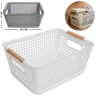 CESTO ORGANIZADOR DE PLASTICO RETANGULAR VAZADO COM ALCA DE MADEIRA 35,5X27X15CM