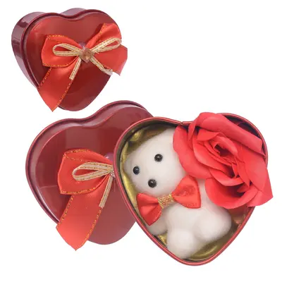 CAIXA CORACAO DE METAL PARA PRESENTE COM LACO + URSO + FLOR PERMANENTE BOTAO DE ROSA