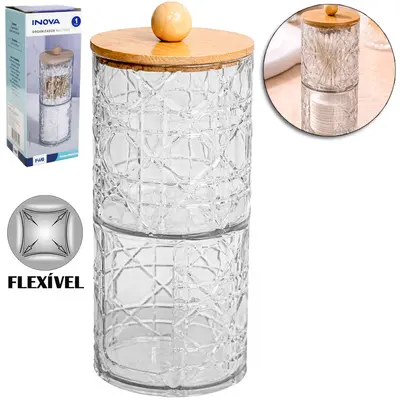 ORGANIZADOR PORTA DISCO DE ALGODAO / COTONETE DE PLASTICO PET FLEXIVEL REDONDO MULTIUSO COM TAMPA BAMBU INOVA 19X7CM DE
