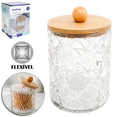ORGANIZADOR PORTA COTONETE DE PLASTICO PET FLEXIVEL REDONDO MULTIUSO COM TAMPA DE BAMBU INOVA 12X8,5CM DE Ø