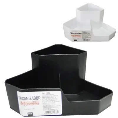 ORGANIZADOR DE PLASTICO TRIANGULAR COM 3 DIVISORIAS MULTIUSO PRETO/BRANCO 16,3X11,3X7,5CM