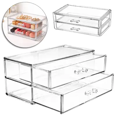 ORGANIZADOR DE ACRILICO RETANGULAR DE MESA COM 2 GAVETAS MULTIUSO 16X9X8CM