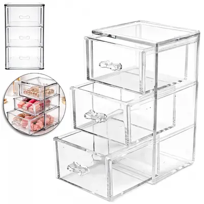 ORGANIZADOR DE ACRILICO RETANGULAR DE MESA COM 3 GAVETAS MULTIUSO 14X8X8CM