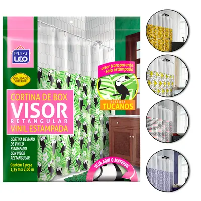 CORTINA DE BOX DE PLASTICO VINIL VISOR RETANGULAR ESTAMPADA COM 7 GANCHOS 200X135CM