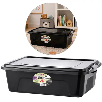 CAIXA ORGANIZADOR CONTAINER DE PLASTICO RETANGULAR BLACK COM TAMPA + TRAVA E ALCA 25L 55X40X17,5CM