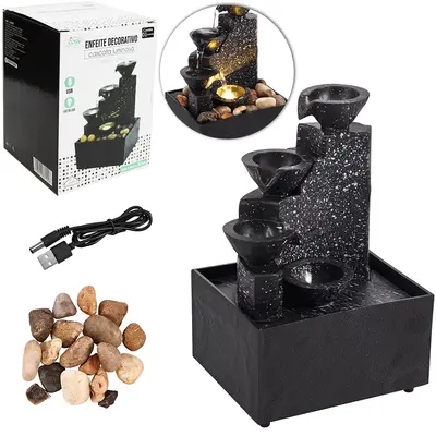 FONTE DE AGUA DECORATIVA CASCATA LUMINOSA ZEN DE RESINA COM LED + USB 16,5X11X9CM