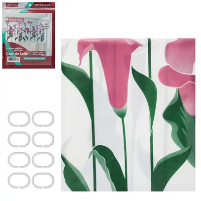 CORTINA DE BOX DE PLASTICO PE COM VISOR COPO DE LEITE + 7 GANCHOS 200X135CM