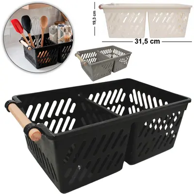 CESTO ORGANIZADOR DE PLASTICO RETANGULAR VAZADO 2 DIVISORIAS + ALCA MADEIRA MULTI-PURPOSE STORAGE BASKETS 31,5X19,3X11,5