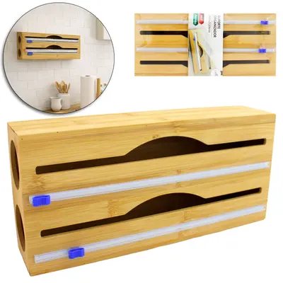 SUPORTE ORGANIZAODR PARA COZINHA PORTA PAPEL ALUMINIO / FILME DE PVC DE BAMBU E MDF 33,5X15,5X7,5CM