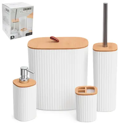 JOGO PARA BANHEIRO COM LIXEIRA + ESCOVA SANITARIA CABO INOX+ PORTA SABONETE LIQUIDO E PORTA ESCOVA DE PLASTICO / BAMBU