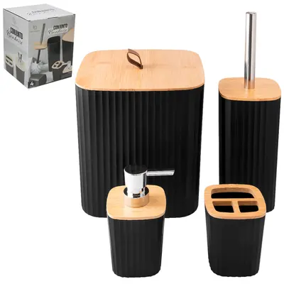 JOGO PARA BANHEIRO COM LIXEIRA + ESCOVA SANITARIA CABO INOX + PORTA SABONETE LIQUIDO E PORTA ESCOVA DE PLASTICO / BAMBU