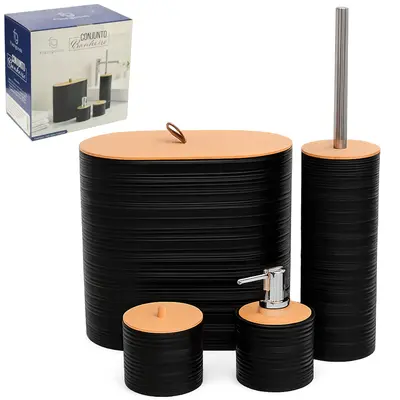JOGO PARA BANHEIRO COM LIXEIRA / ESCOVA SANITARIA CABO INOX/PORTA SABONETE LIQUIDO / PORTA ALGODAO / COTONETE PLASTICO