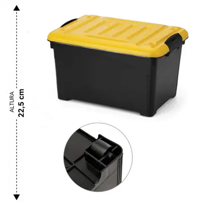 CAIXA ORGANIZADOR CONTAINER PLASTICO RETANGULAR EMPILHAVEL BLACK COM RODIZIO + ALCA E TAMPA AMARELA 14L 37X26X22,5CM
