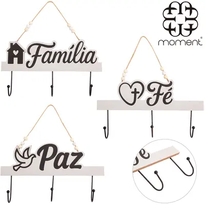 PLACA DECORATIVA PORTA CHAVE / PANO DE MADEIRA MDF PALAVRA COM 3 GANCHOS DE METAL MOMEN