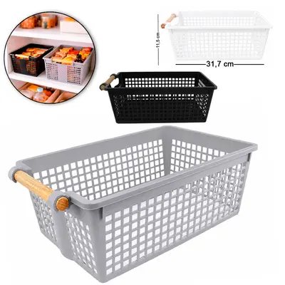 CESTO ORGANIZADOR DE PLASTICO RETANGULAR VAZADO COM ALCA MADEIRA 31,7X19,5X11,5CM