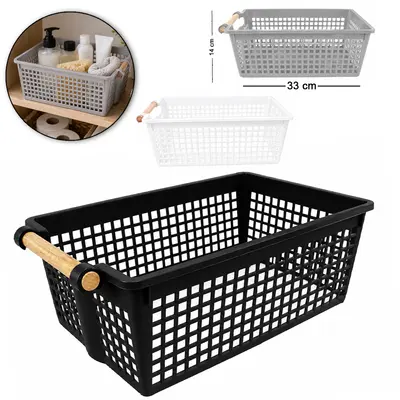 CESTO ORGANIZADOR DE PLASTICO RETANGULAR VAZADO COM ALCA MADEIRA 33X18X14CM