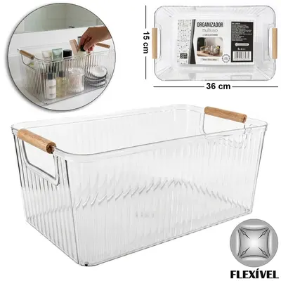 CAIXA ORGANIZADOR DE PLASTICO PET FLEXIVEL COM ALCA DE MADEIRA 36X22X15CM