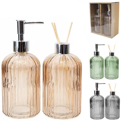 JOGO PARA BANHEIRO COM DIFUSOR DE AROMAS PARA AMBIENTES DE VIDRO TRANSCOLOR 500ML