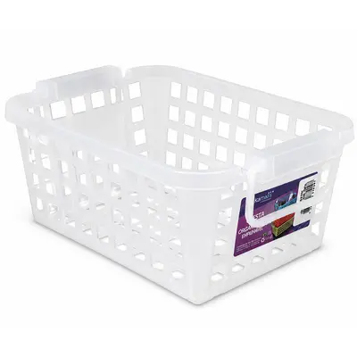 CESTO ORGANIZADOR DE PLASTICO RETANGULAR VAZADO EMPILHAVEL COM ALCA CRISTAL DIKAMAIS 23,5X16X9,5CM