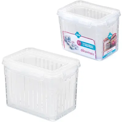 ORGANIZADOR DE PLASTICO RETANGULAR EMPILHAVEL GRADUADO COM CESTO ESCORREDOR + TAMPA E TRAVA TREVO DIKAMAIS 1,2L