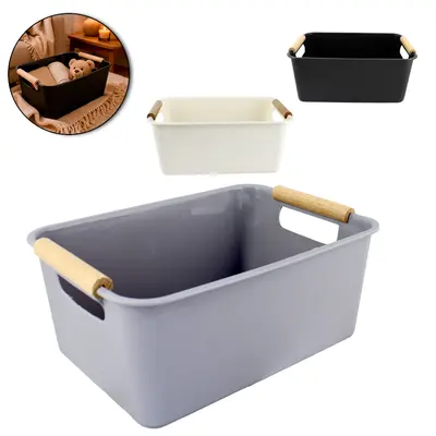 CESTO ORGANIZADOR DE PLASTICO RETANGULAR COM ALCA DE MADEIRA 24,5X17X10,5CM
