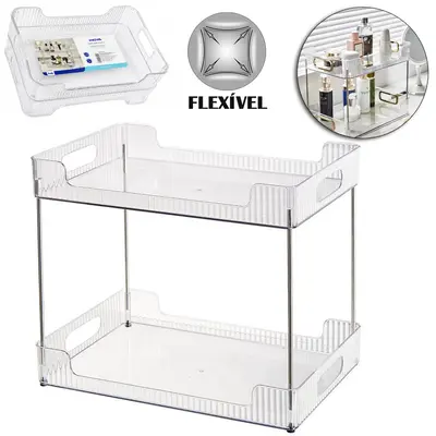 ORGANIZADOR PRATELEIRA DUPLA DE PLASTICO PET FLEXIVEL / METAL RETANGULAR 4 TUBOS INOVA 33,3X27X22,5CM