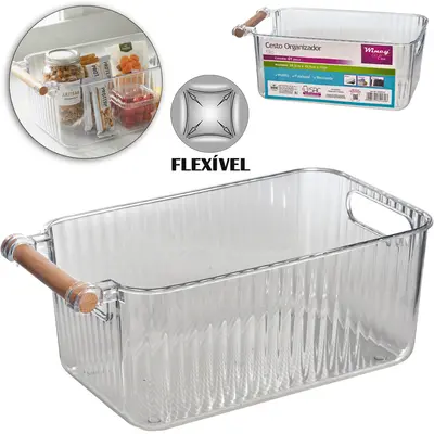 CAIXA ORGANIZADOR DE PLASTICO PET FLEXIVEL COM ALCA DE MADEIRA 28,5X15,5X11CM