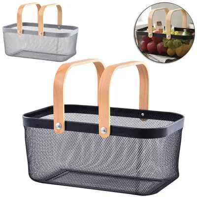 CESTO ORGANIZADOR ARAMADO RETANGULAR MULTIUSO COM ALCA DE MADEIRA 40X28X18CM
